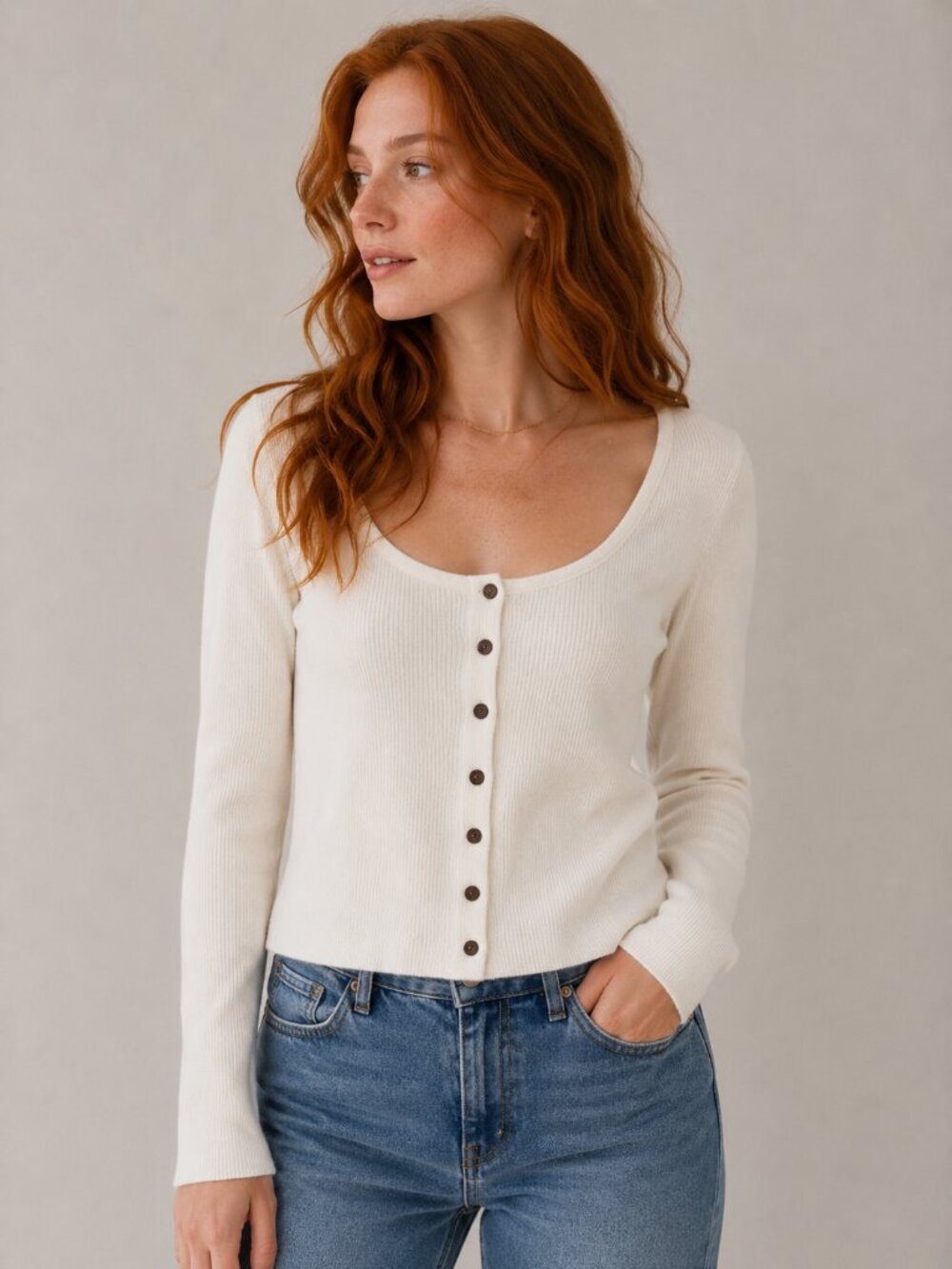 Women’s Cream Button-Front Ribbed Sweater